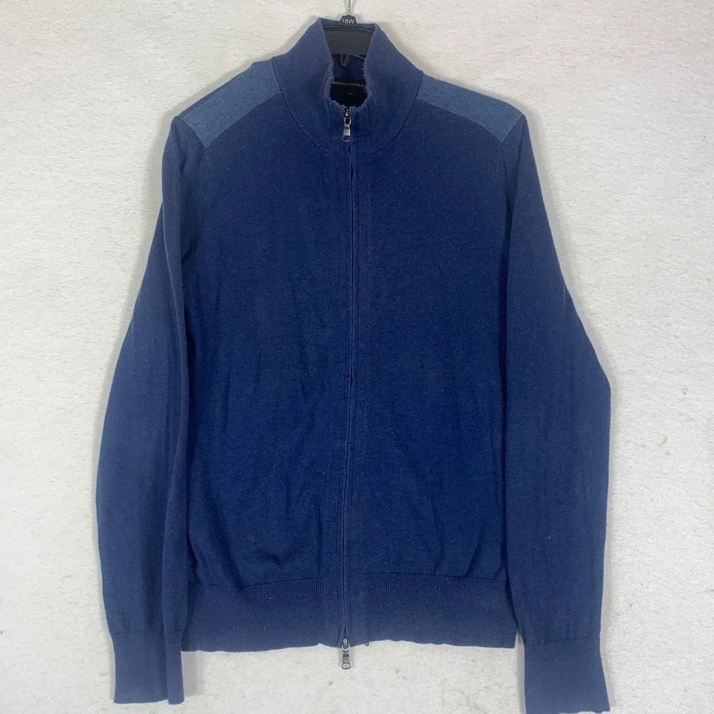 Banana Republic Men Navy Blue Full Zip Sweater Cardigan Medium Cotton Silk‎